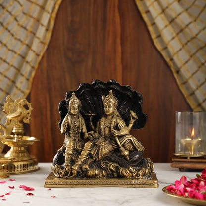 Brass Narayan Vishnu Lakshmi Idol on Sheshnaaga | 9" Height