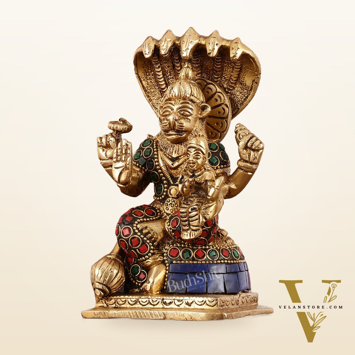 Brass Narsimha Lakshmi Idol with Stonework - 5.5 Inch