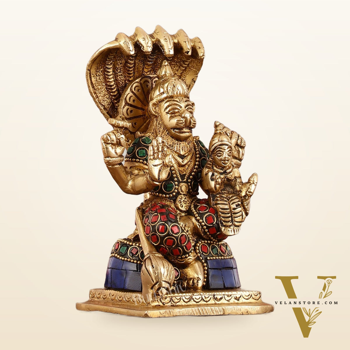Brass Narsimha Lakshmi Idol with Stonework - 5.5 Inch