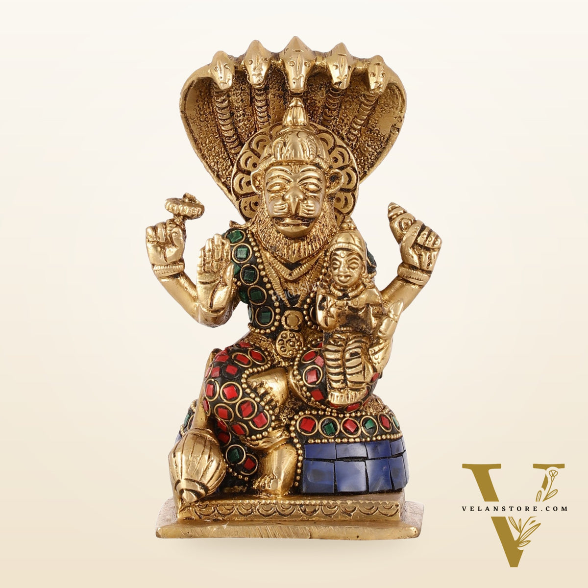 Brass Narsimha Lakshmi Idol with Stonework - 5.5 Inch