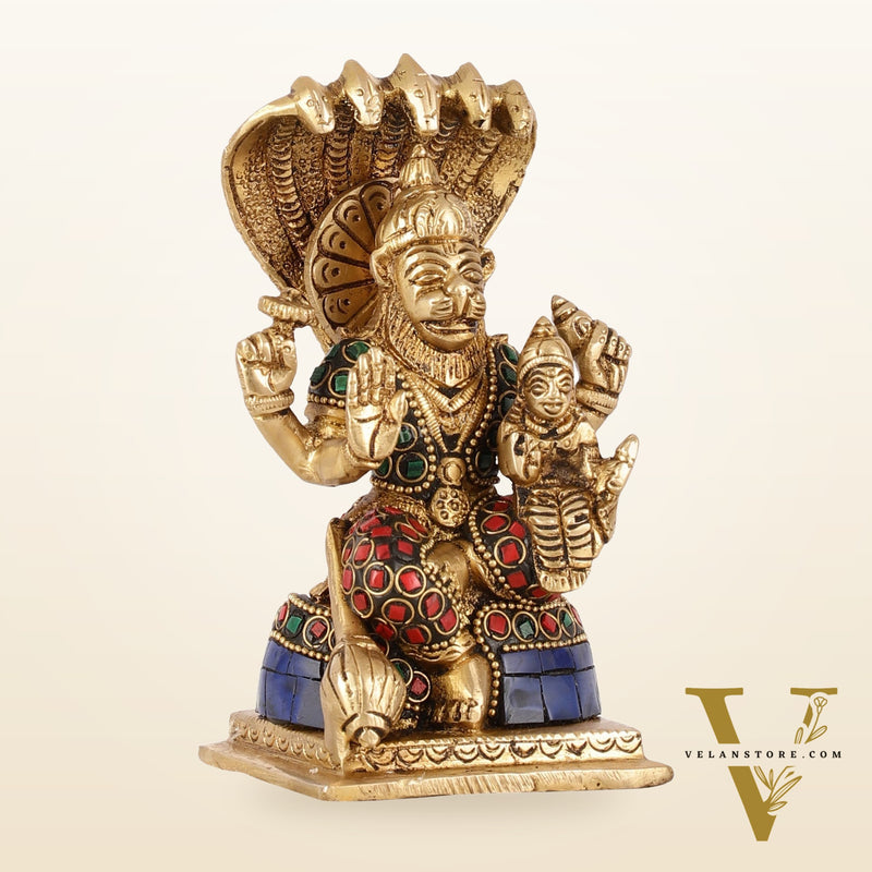 Brass Narsimha Lakshmi Idol with Stonework - 5.5 Inch