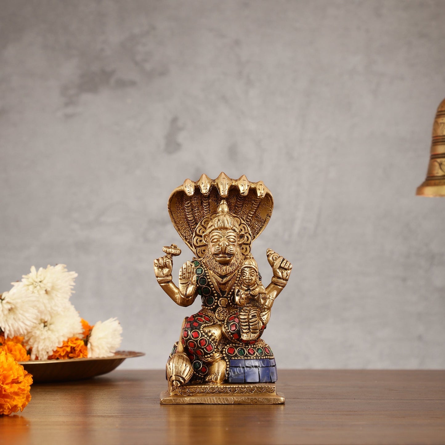 Brass Narsimha Lakshmi Idol with Stonework - 5.5 Inch