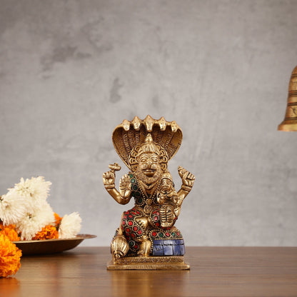 Brass Narsimha Lakshmi Idol with Stonework - 5.5 Inch