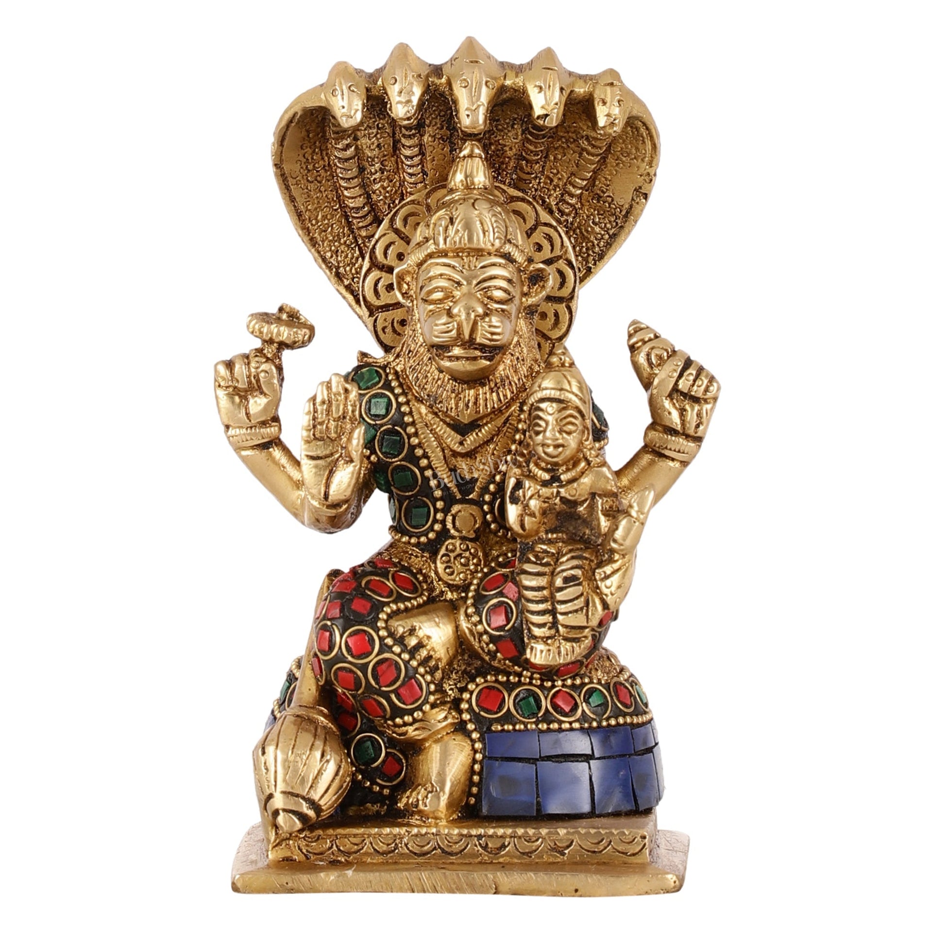 Brass Narsimha Lakshmi Idol with Stonework - 5.5 Inch