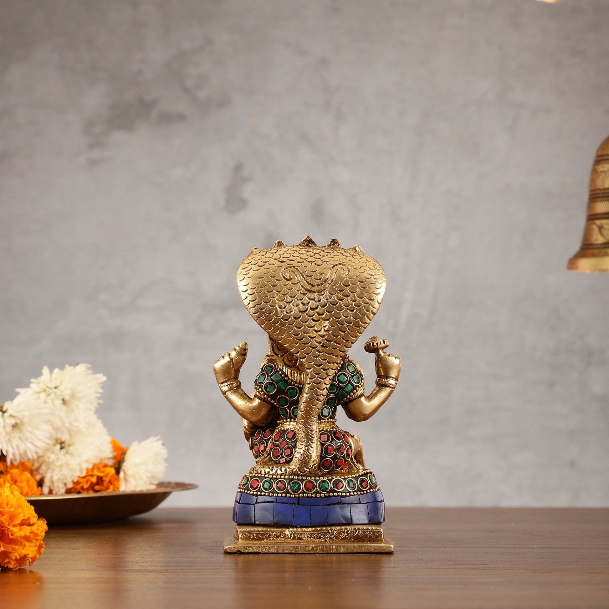 Brass Narsimha Lakshmi Idol with Stonework - 5.5 Inch