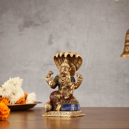 Brass Narsimha Lakshmi Idol with Stonework - 5.5 Inch