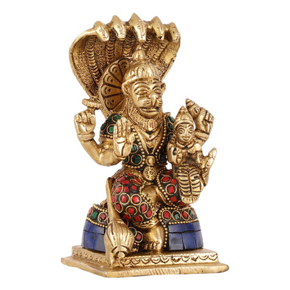 Brass Narsimha Lakshmi Idol with Stonework - 5.5 Inch