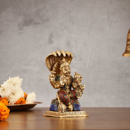 Brass Narsimha Lakshmi Idol with Stonework - 5.5 Inch