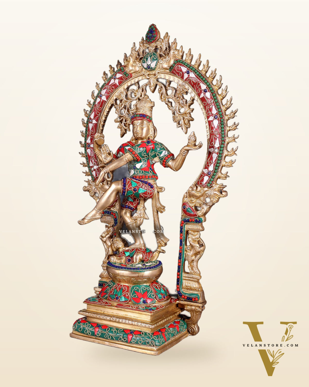 Brass Nataraja Dancing Shiva Superfine Sculpture - 18" Floral stonework