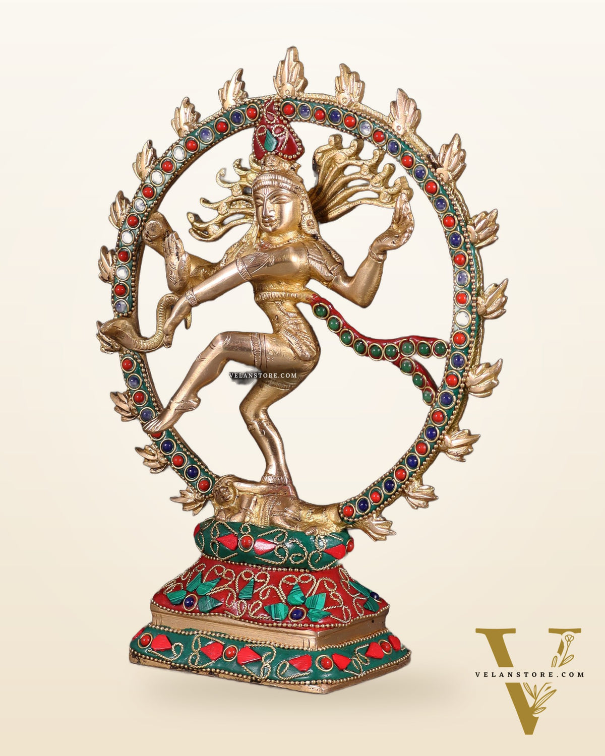 Brass Nataraja Sculpture – 9.2” Floral stonework