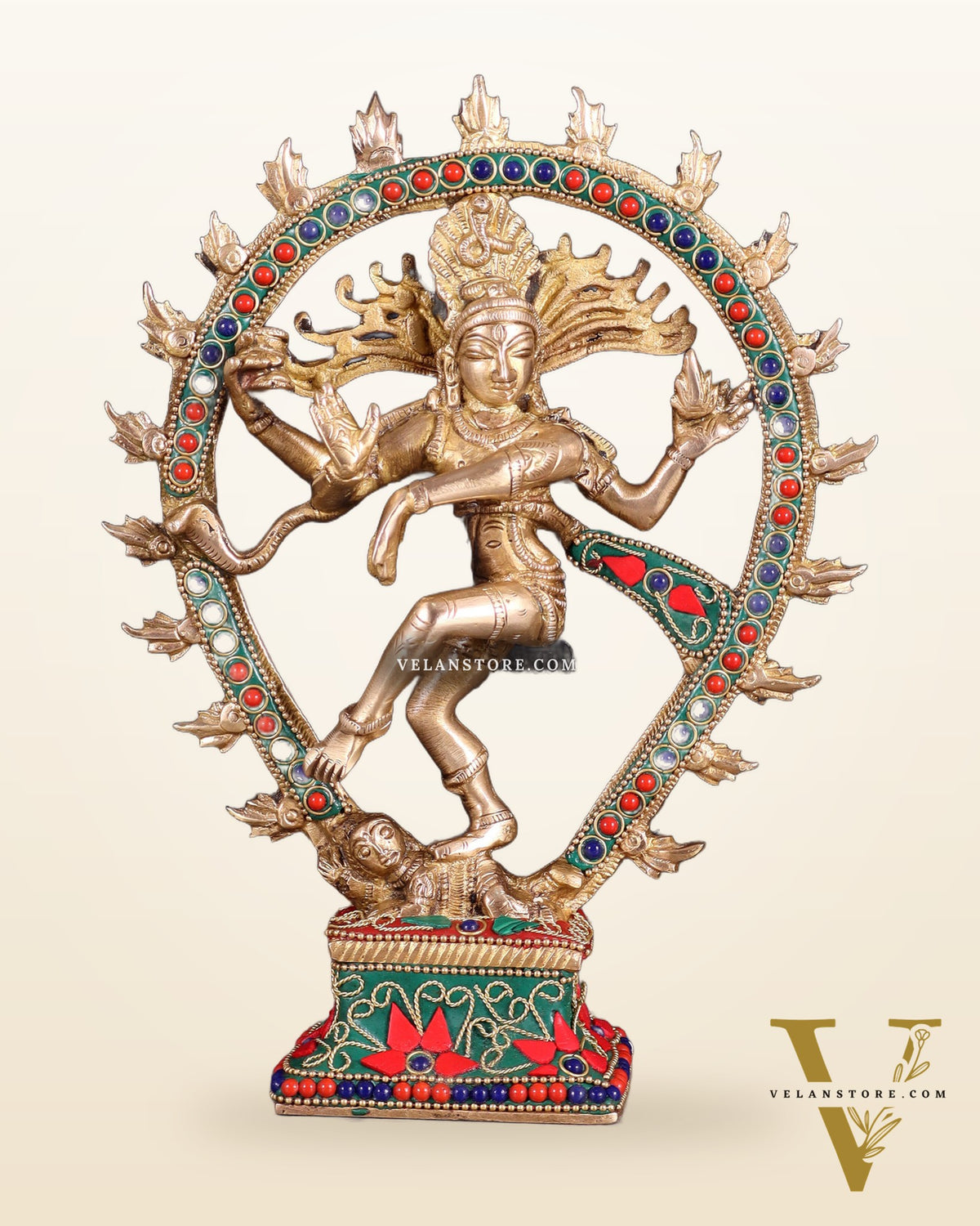 Brass Nataraja with Oval Ring floral stonework 9.3"
