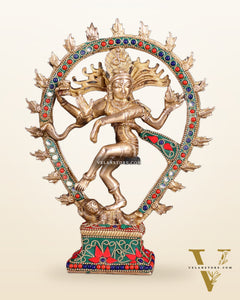 Brass Nataraja with Oval Ring floral stonework 9.3"