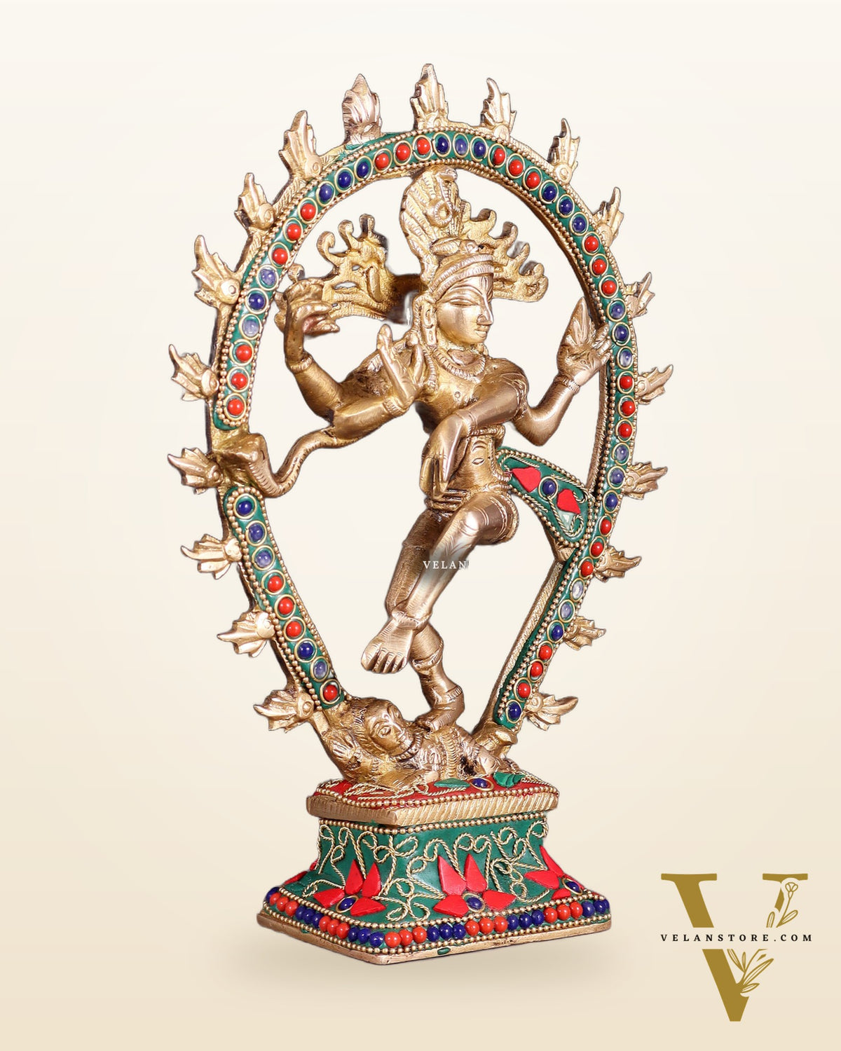 Brass Nataraja with Oval Ring floral stonework 9.3"