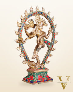 Brass Nataraja with Oval Ring floral stonework 9.3"
