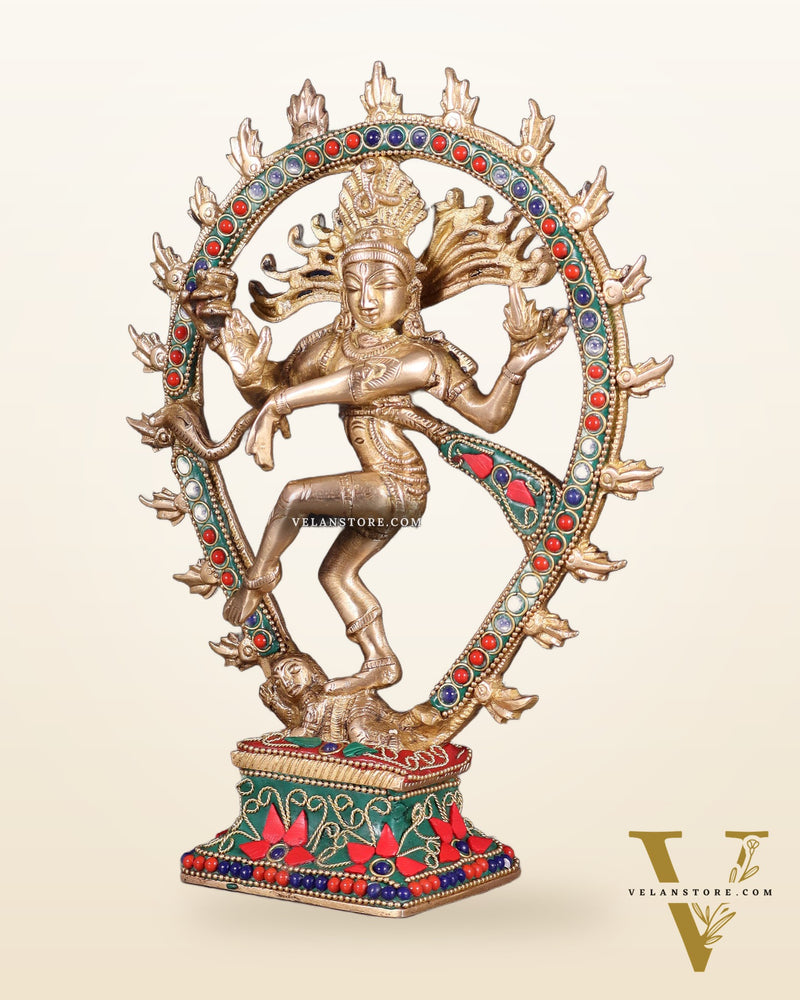 Brass Nataraja with Oval Ring floral stonework 9.3"