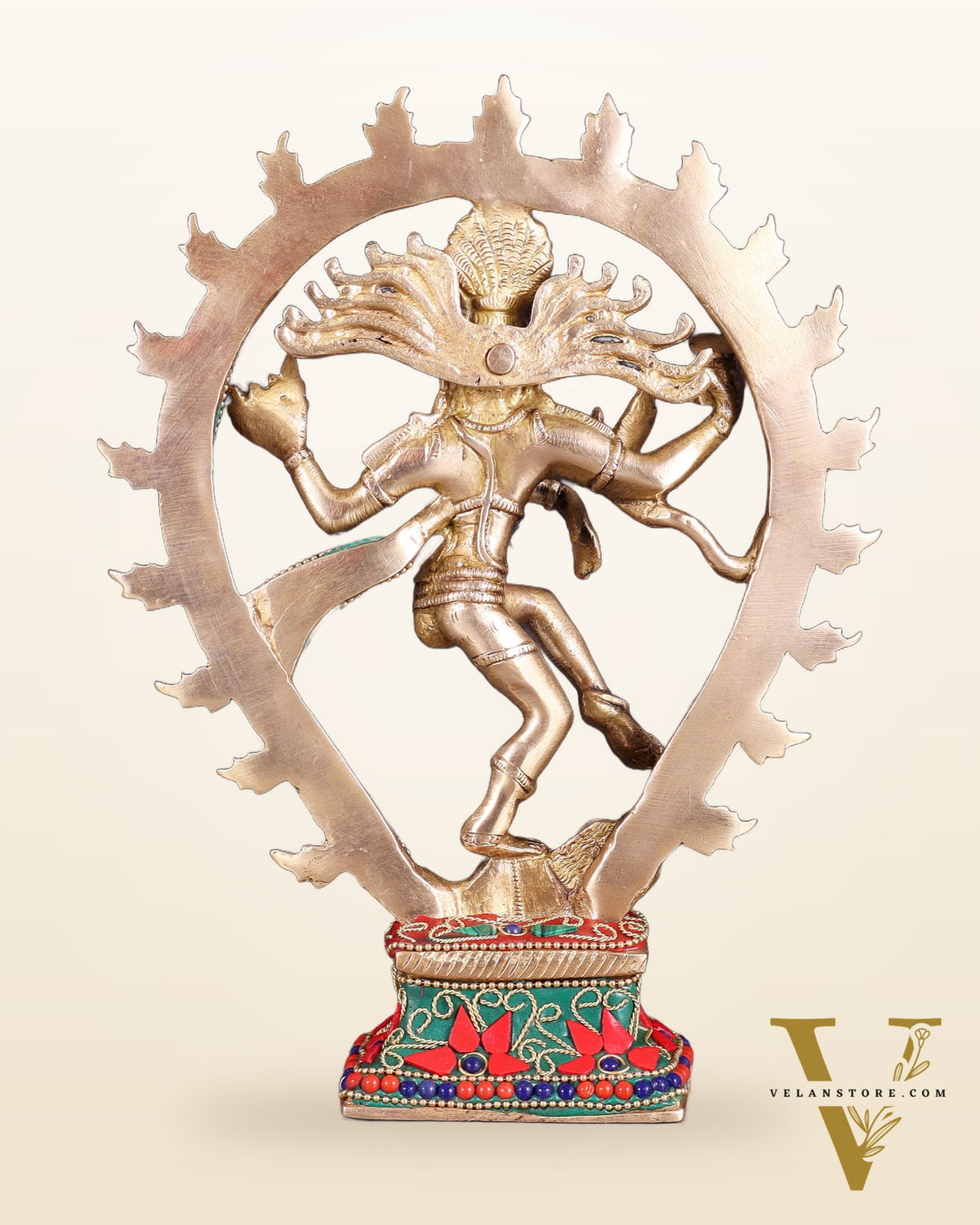 Brass Nataraja with Oval Ring floral stonework 9.3"