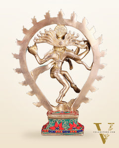 Brass Nataraja with Oval Ring floral stonework 9.3"