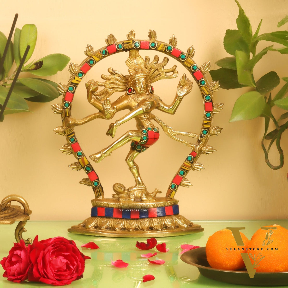 Brass Nataraja with stonework 9"