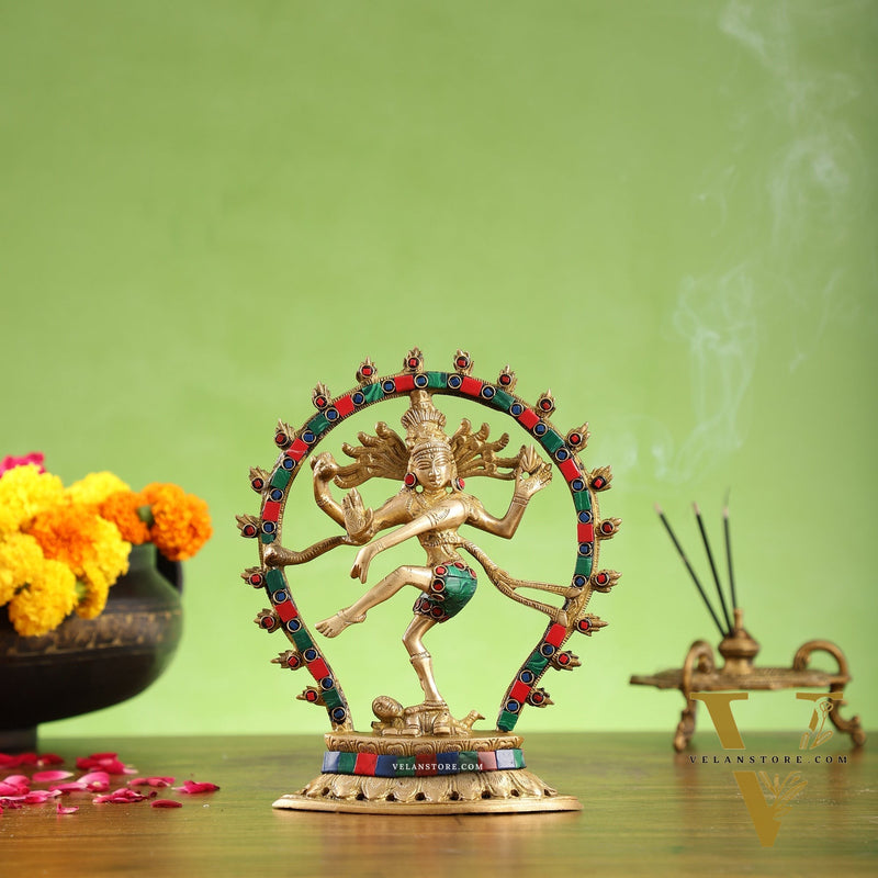 Brass Nataraja with stonework 9"