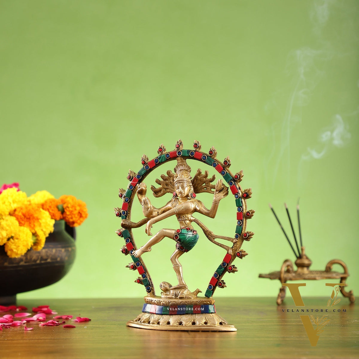 Brass Nataraja with stonework 9"