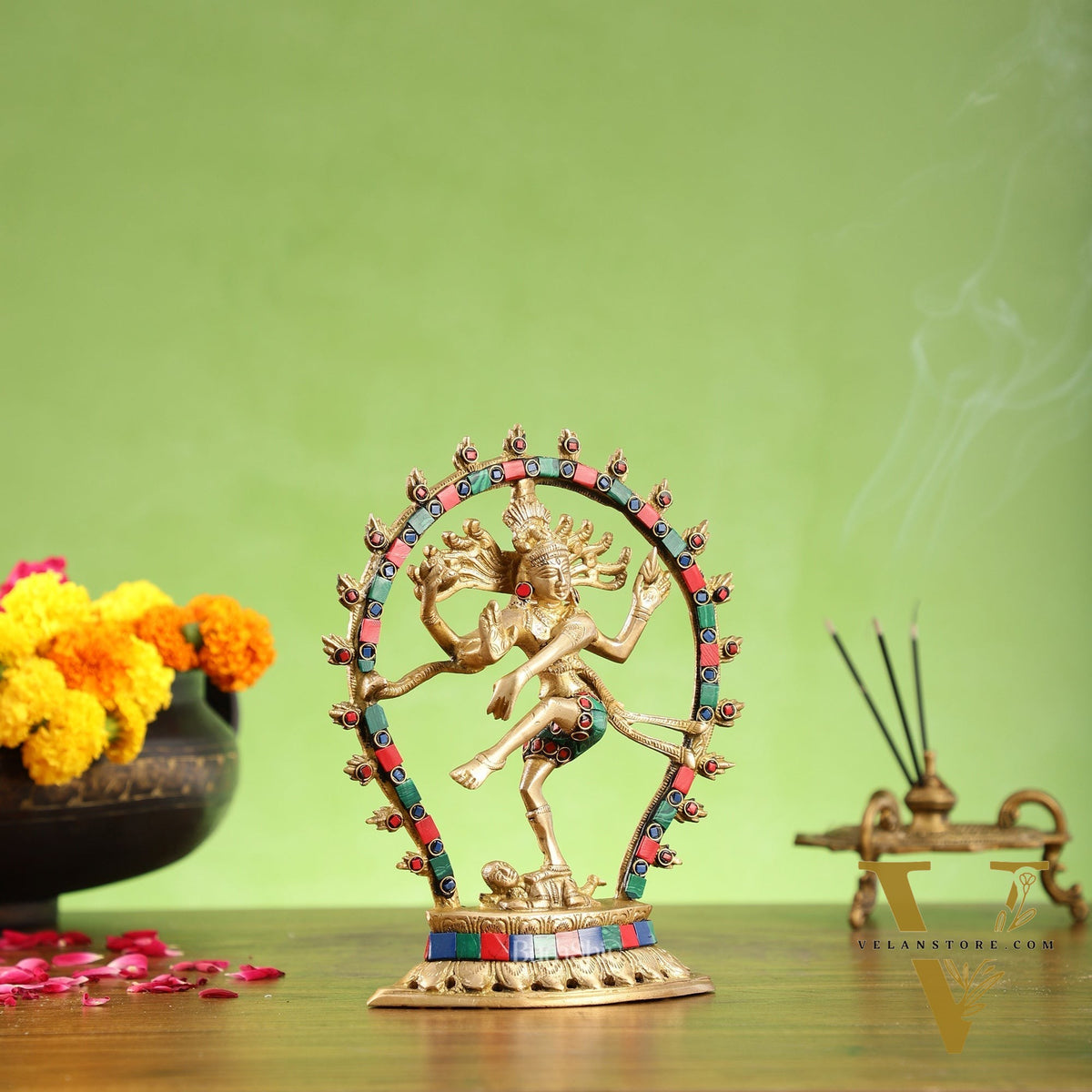 Brass Nataraja with stonework 9"