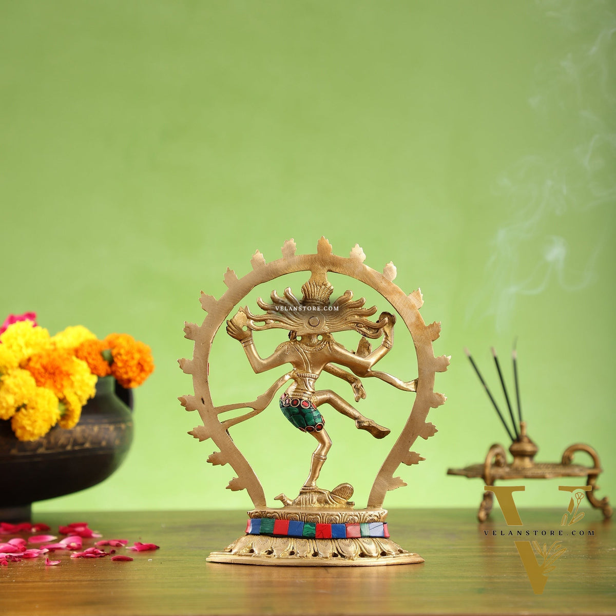 Brass Nataraja with stonework 9"