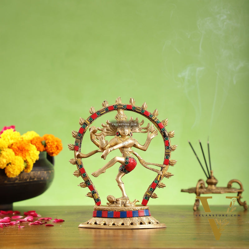 Brass Nataraja with stonework 9"