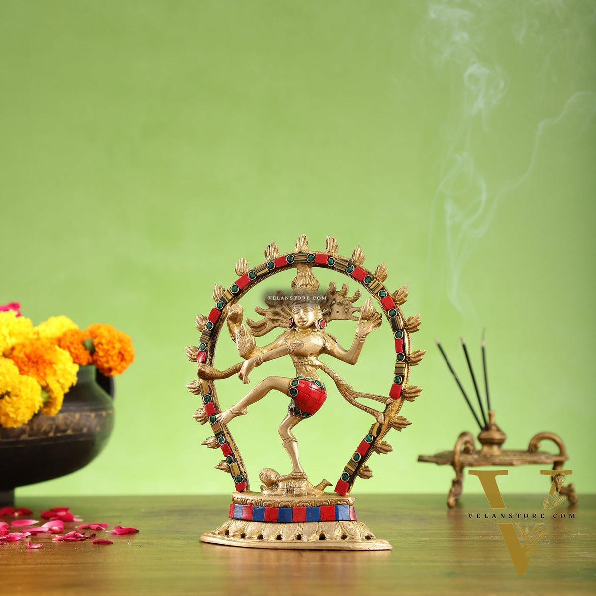 Brass Nataraja with stonework 9"