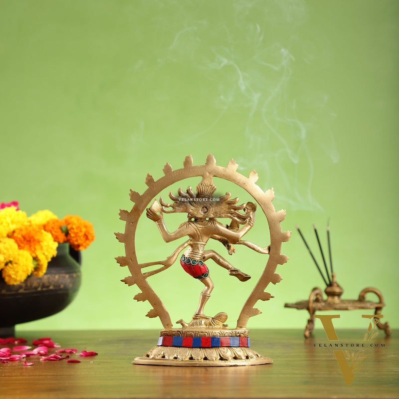 Brass Nataraja with stonework 9"