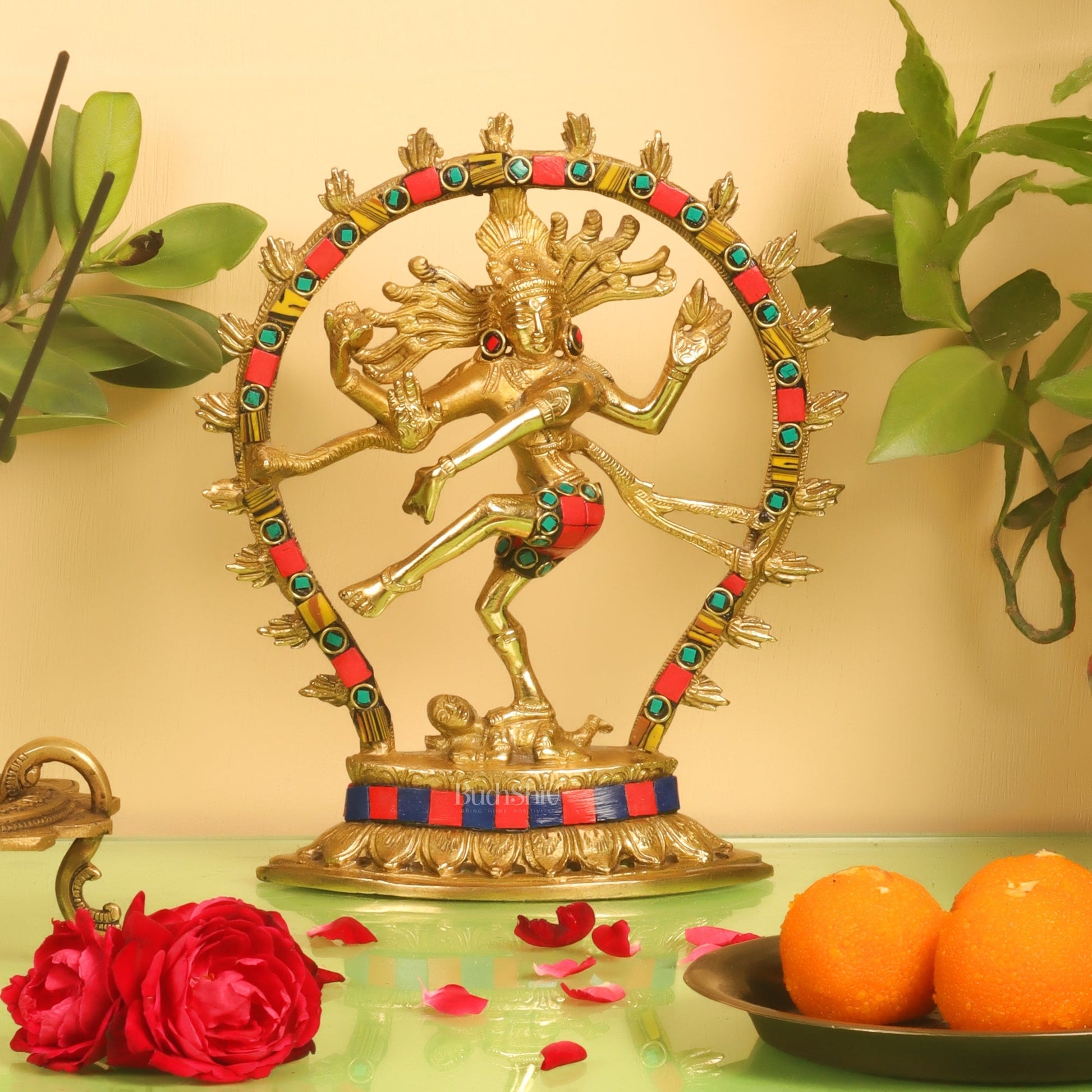 Brass Nataraja with stonework 9"