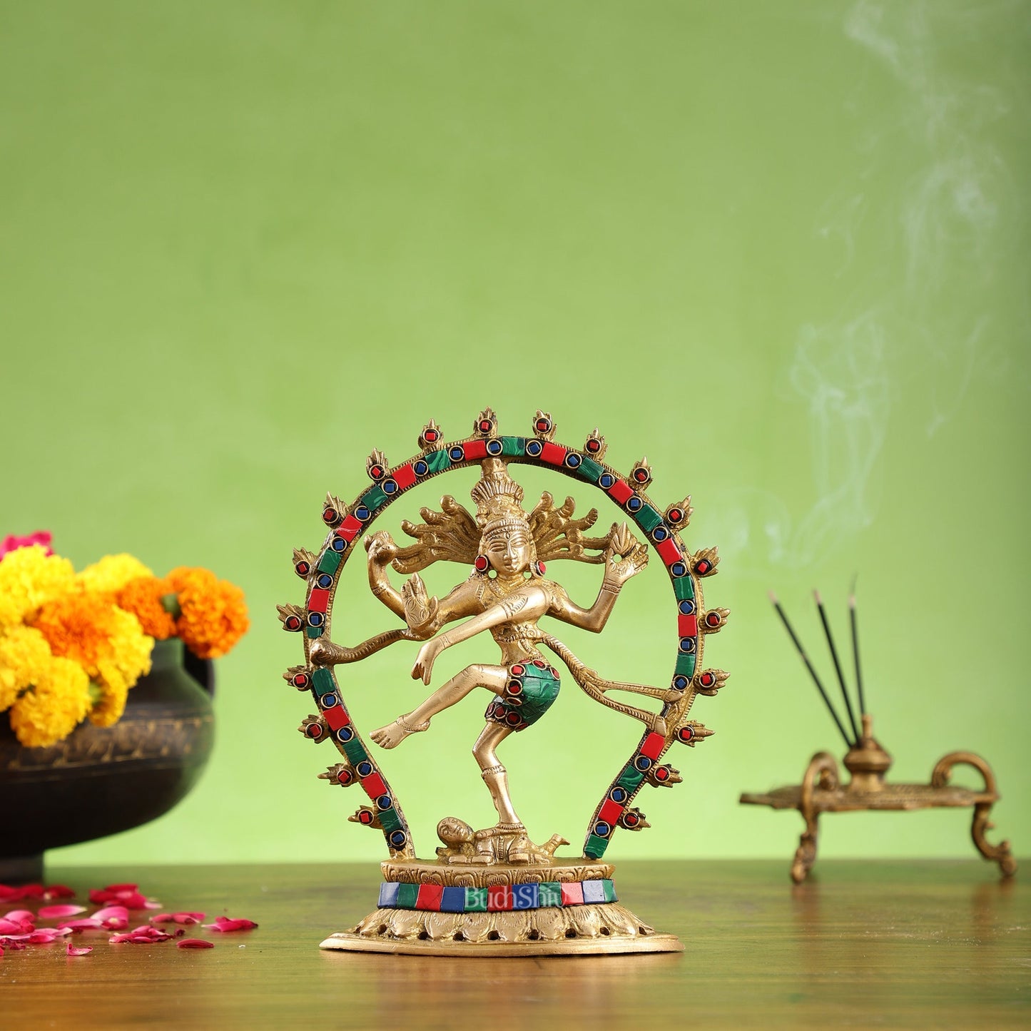 Brass Nataraja with stonework 9"