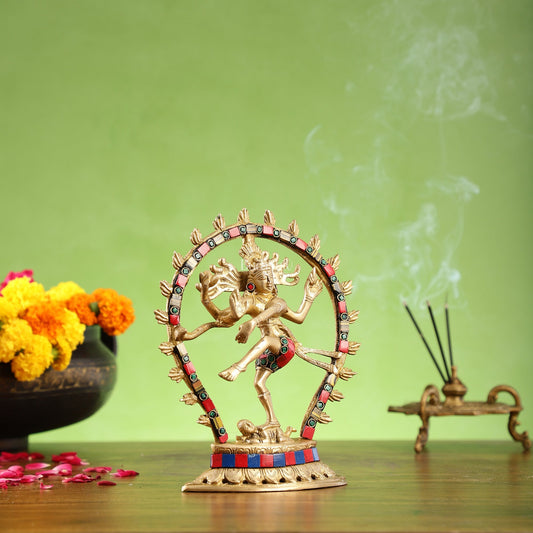 Brass Nataraja with stonework 9"
