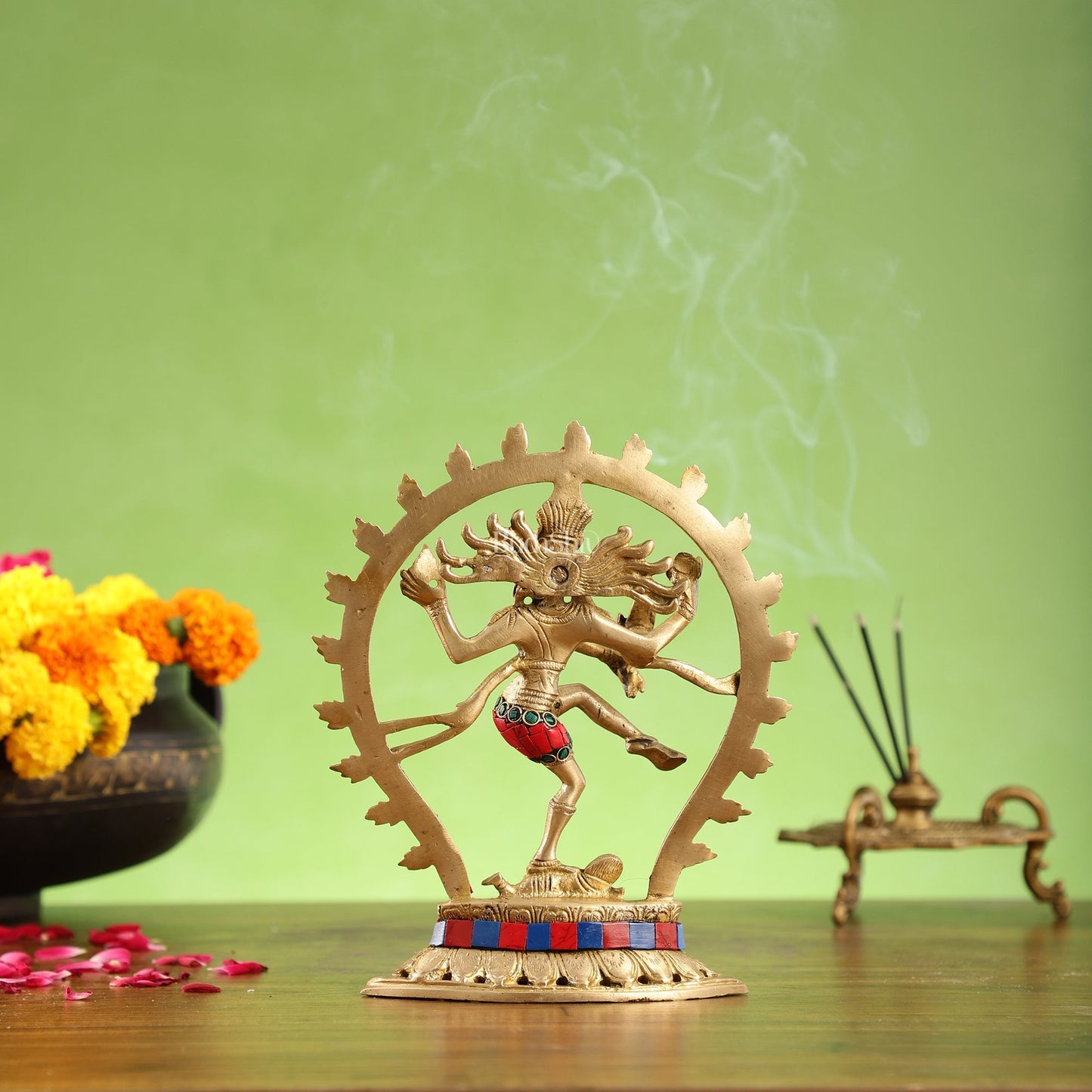 Brass Nataraja with stonework 9"