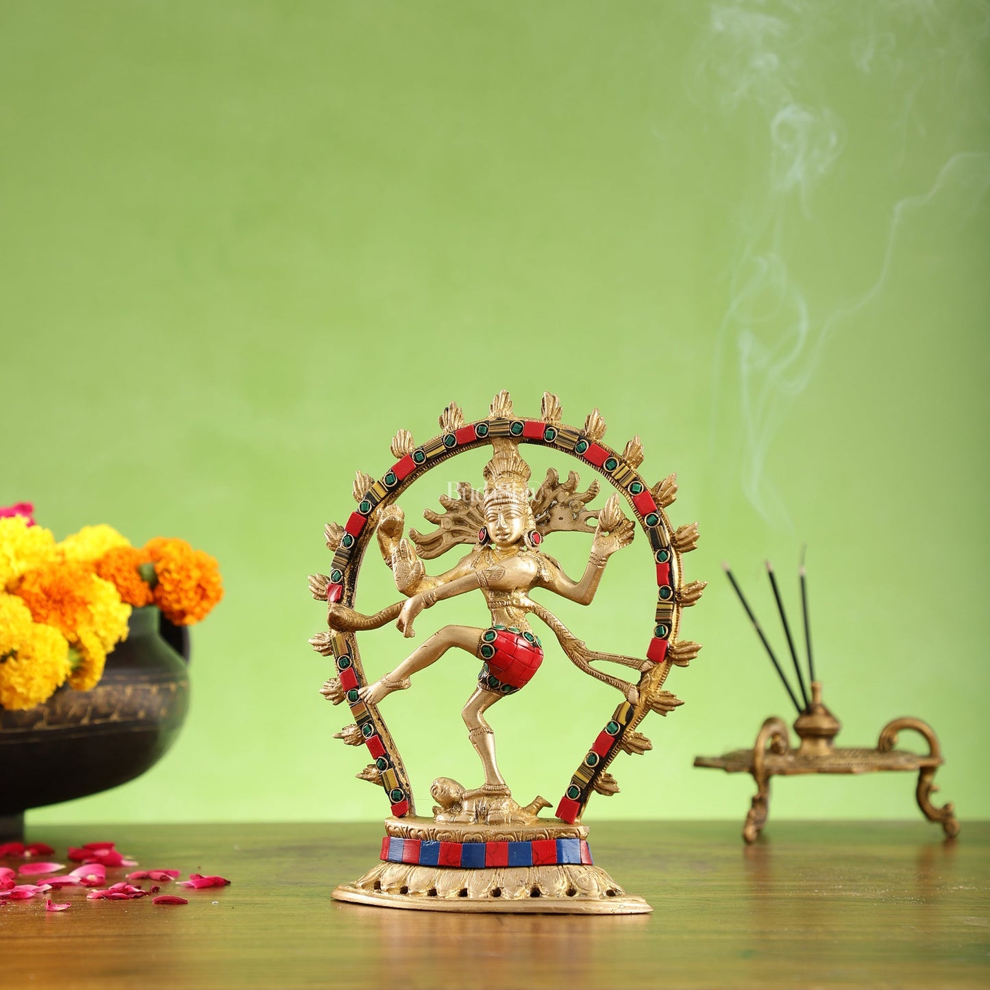 Brass Nataraja with stonework 9"