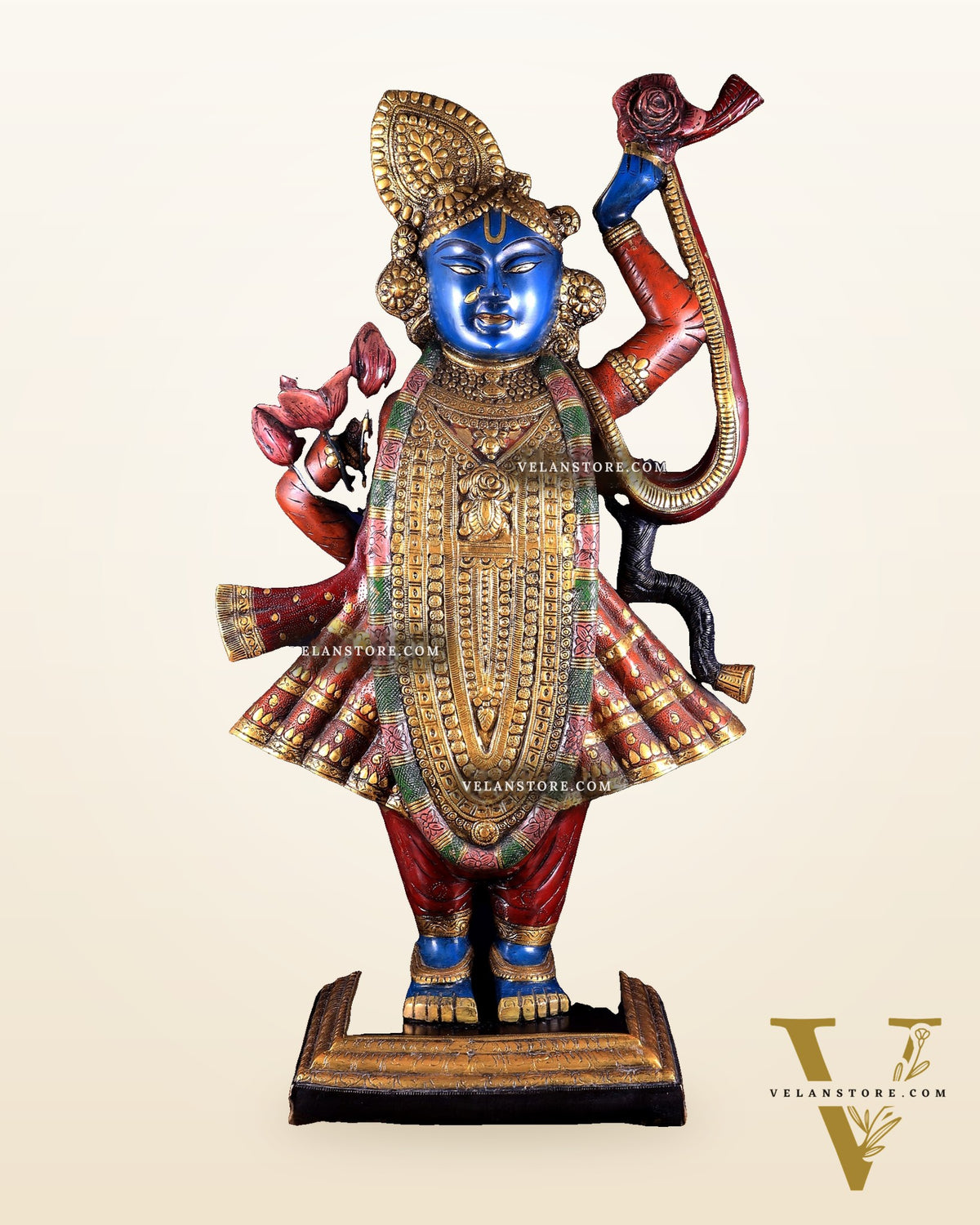 Brass Nathdwara Shrinath Ji Murti Large | 32 " Pichwai hand-painted
