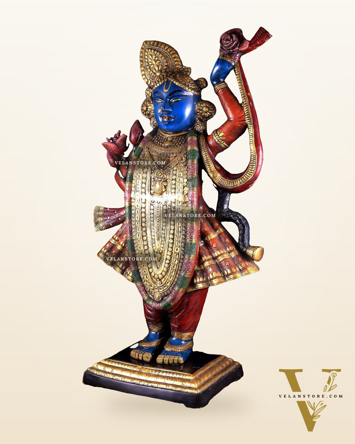 Brass Nathdwara Shrinath Ji Murti Large | 32 " Pichwai hand-painted