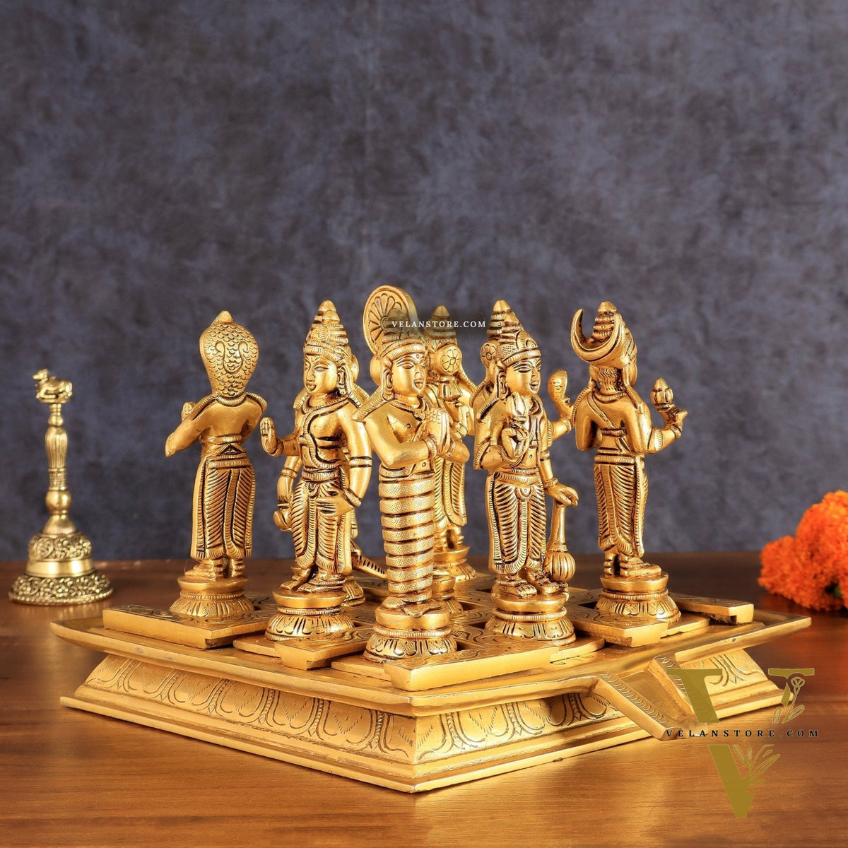 Brass Navagraha idols with abhishekam pita base 7"