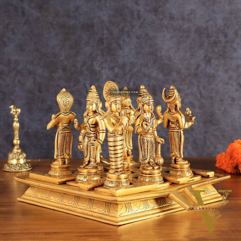 Brass Navagraha idols with abhishekam pita base 7"