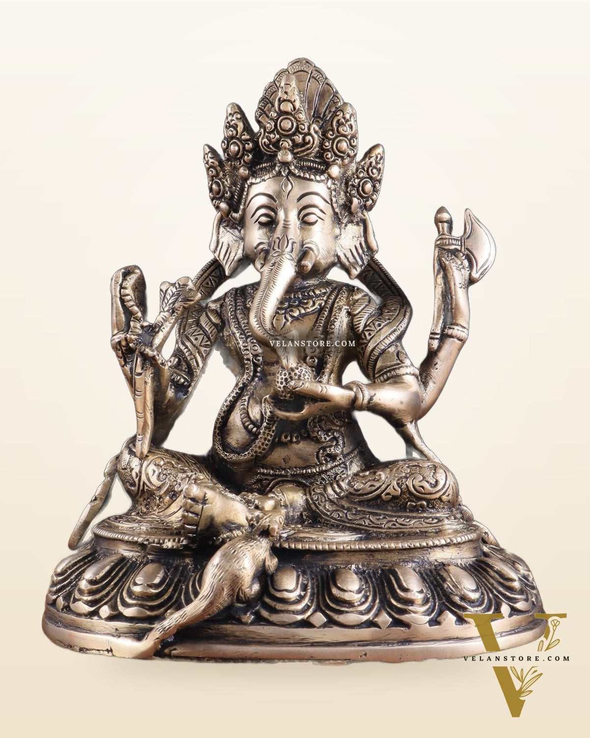 Brass Nepalese Style Ganesha Statue – 8" x 6.5" x 5.5" | Traditional Artistic Idol