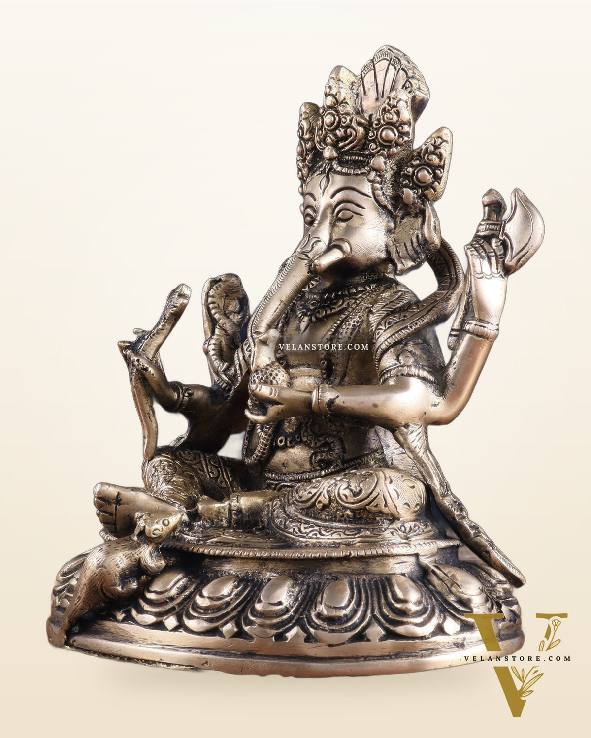 Brass Nepalese Style Ganesha Statue – 8" x 6.5" x 5.5" | Traditional Artistic Idol