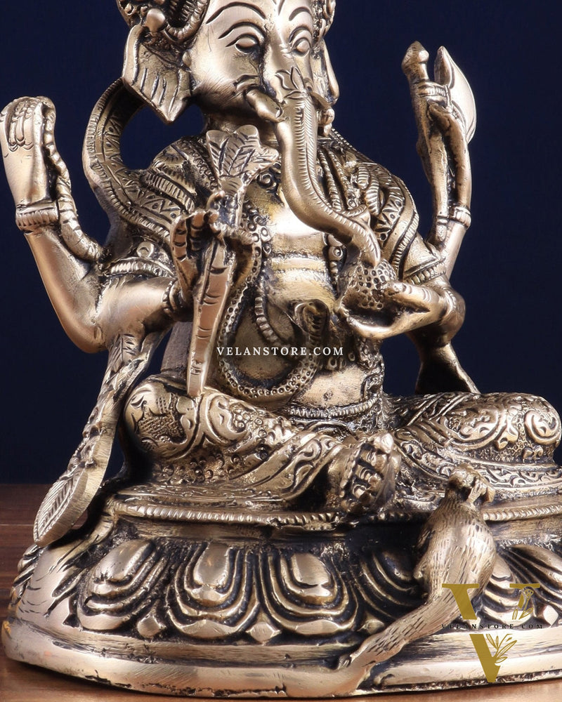 Brass Nepalese Style Ganesha Statue – 8" x 6.5" x 5.5" | Traditional Artistic Idol