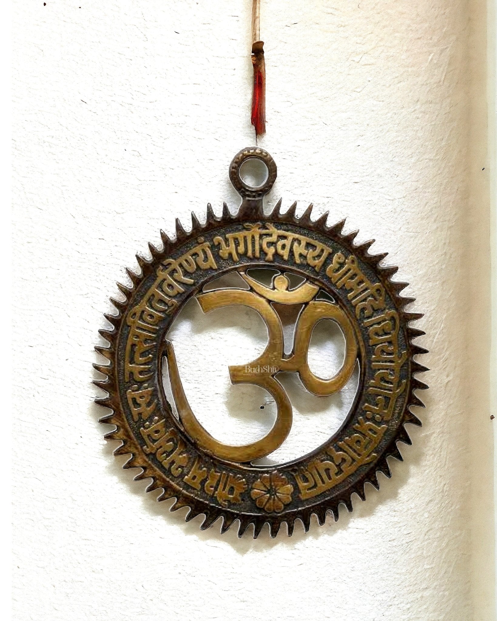 Brass om with Gayatri mantra engraved wall hanging 6 inch