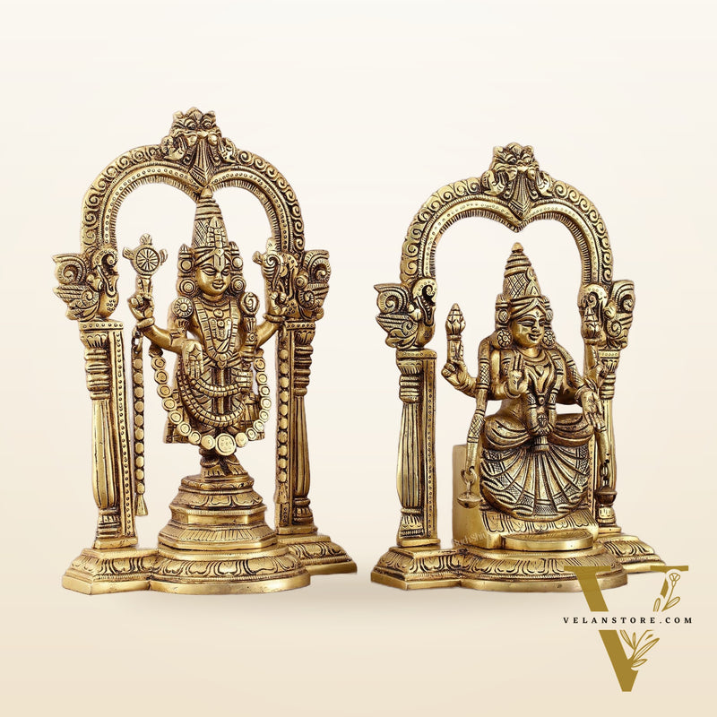Brass Padmavati Thayar Lakshmi & Tirupati Balaji Statue Set with Thiruvachi Arch - 12 Inch