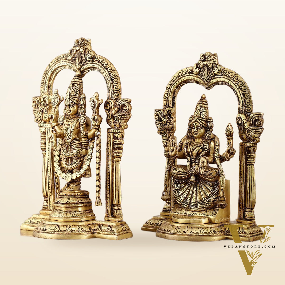 Brass Padmavati Thayar Lakshmi & Tirupati Balaji Statue Set with Thiruvachi Arch - 12 Inch
