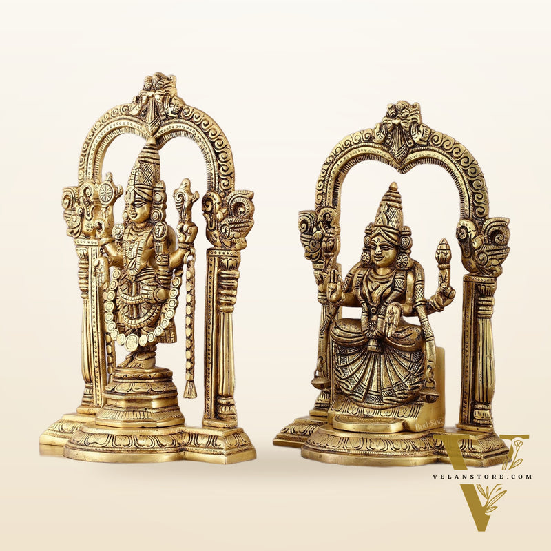 Brass Padmavati Thayar Lakshmi & Tirupati Balaji Statue Set with Thiruvachi Arch - 12 Inch