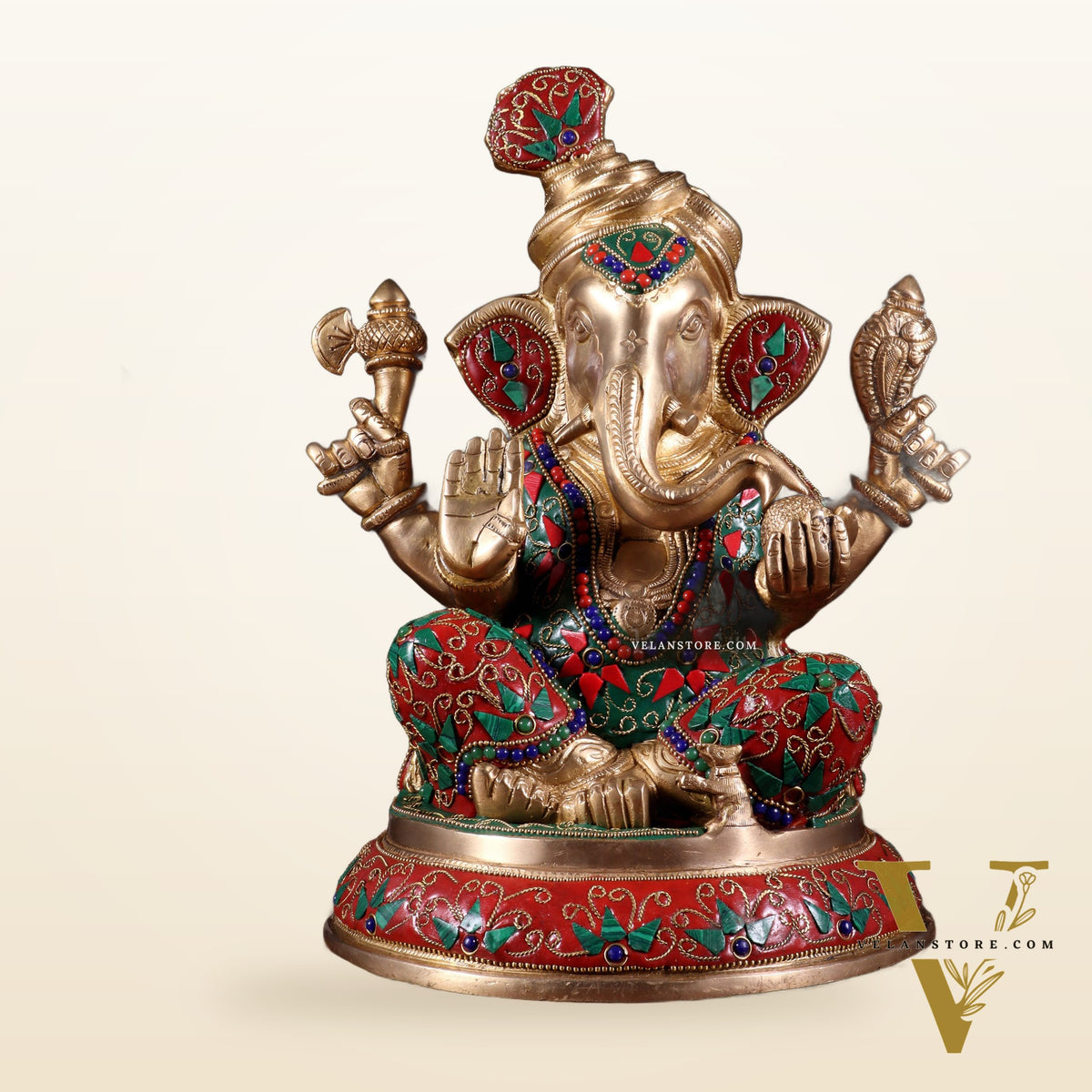 Brass Pagadi Ganesha Statue with Floral Stonework – 11.5 Inch