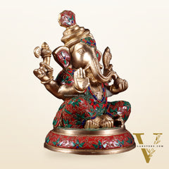 Brass Pagadi Ganesha Statue with Floral Stonework – 11.5 Inch