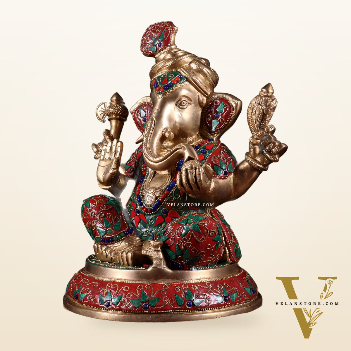 Brass Pagadi Ganesha Statue with Floral Stonework – 11.5 Inch