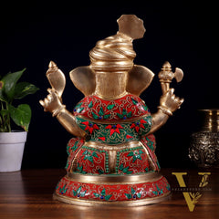 Brass Pagadi Ganesha Statue with Floral Stonework – 11.5 Inch