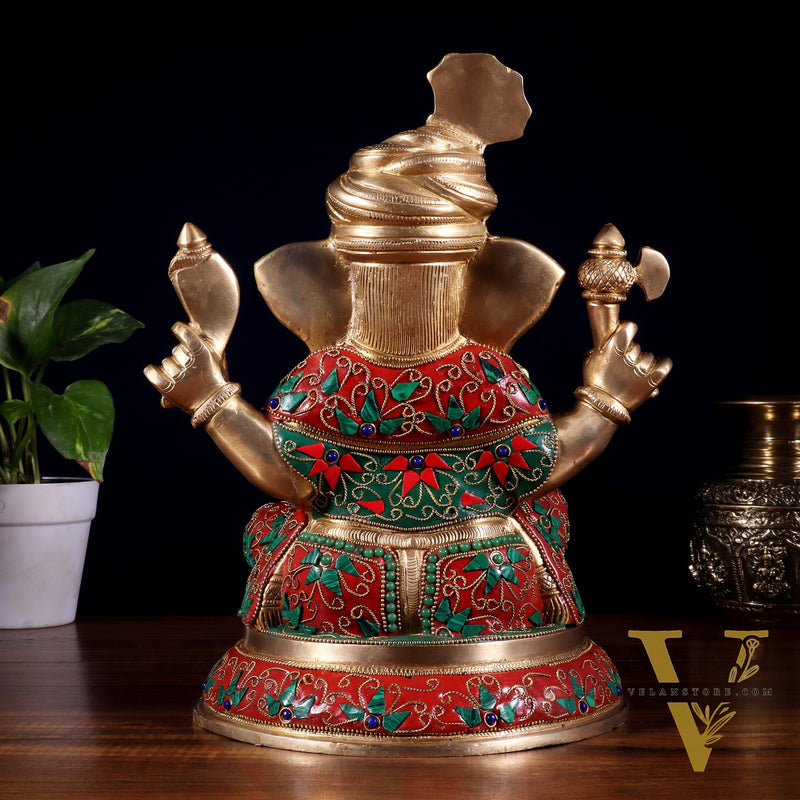 Brass Pagadi Ganesha Statue with Floral Stonework – 11.5 Inch